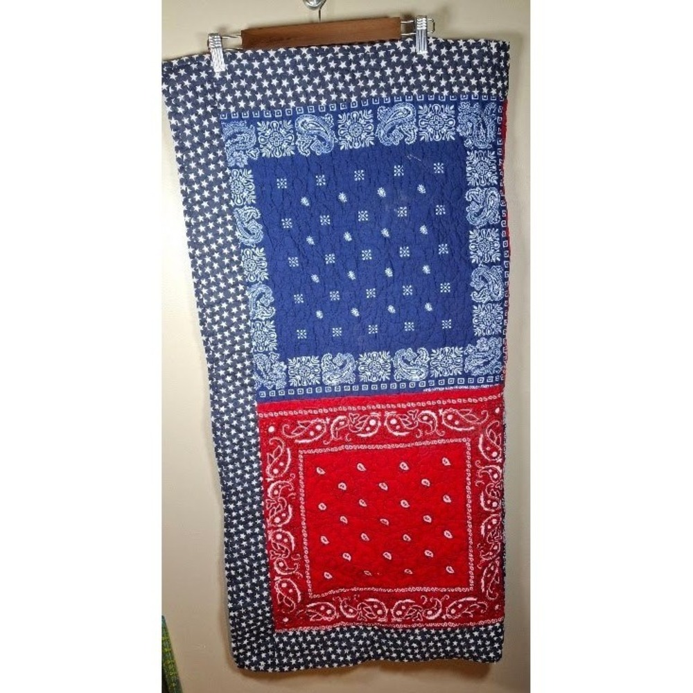 Americana Bandana Patchwork Quilt Throw Blanket Red White Blue Stars Paisley
